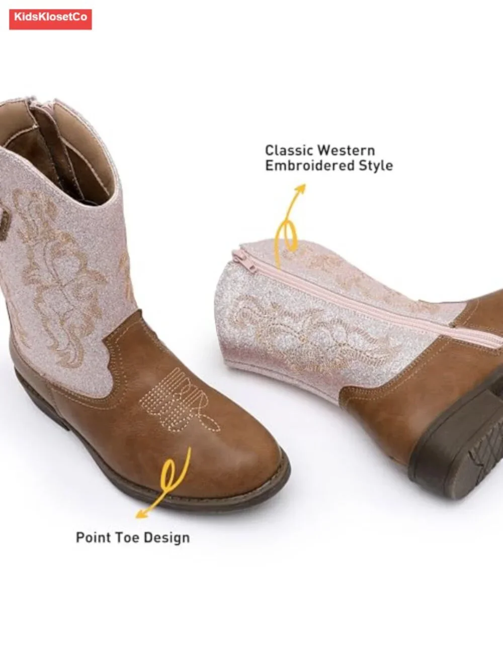Girls Cowboy Boots Side Zipper Embroidered Western Style Sparkly Glitter
